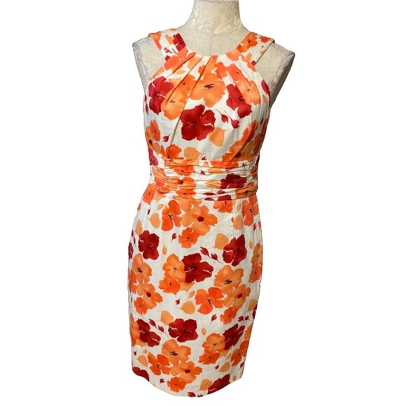 Adrianna Papell Dress Orange White Red 8 Stretch Sheath Sleeveless Floral Summer - Picture 2 of 9